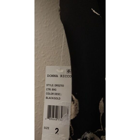 Donna Ricco Women's Sz 2 Black/Gold Tulip Sleeve Lace Hem Fit & Flare Dress - Picture 4 of 12